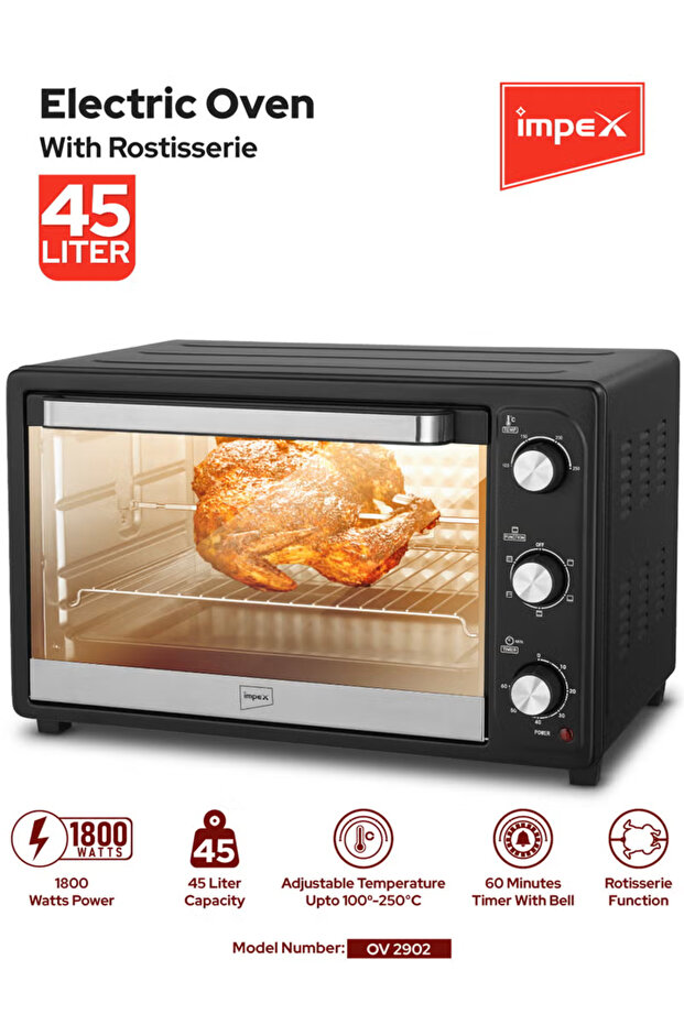 Impex Oven 45-liter - Ov 2902, Electric, Adjustable Temperature (100-250°C), 6 Heating Stages