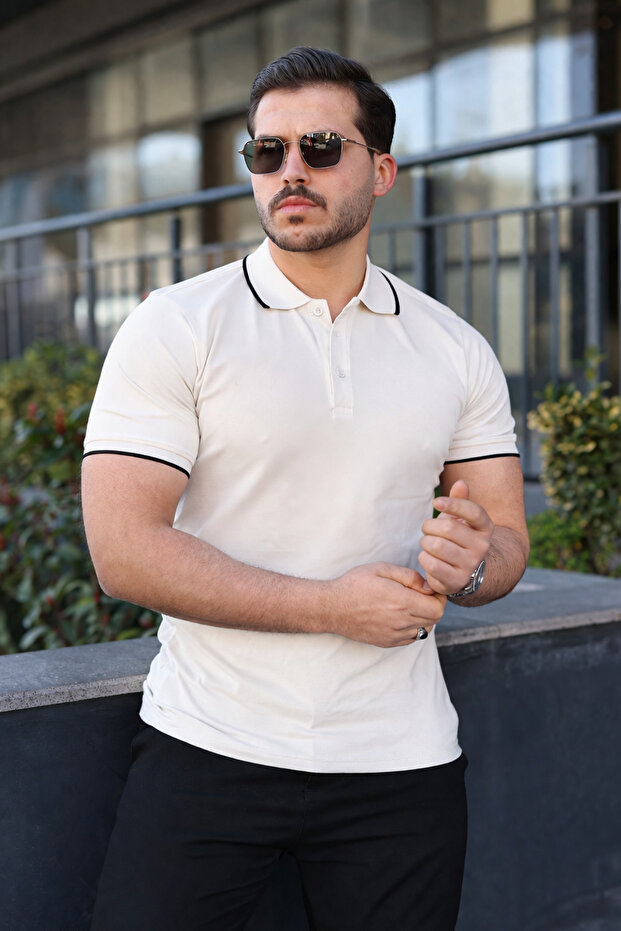 Men's Casual Striped Cotton White Polo Neck T-Shirt