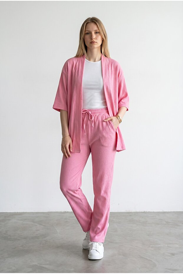 Women's Pink Kimono Wrap Top and Bottom Set