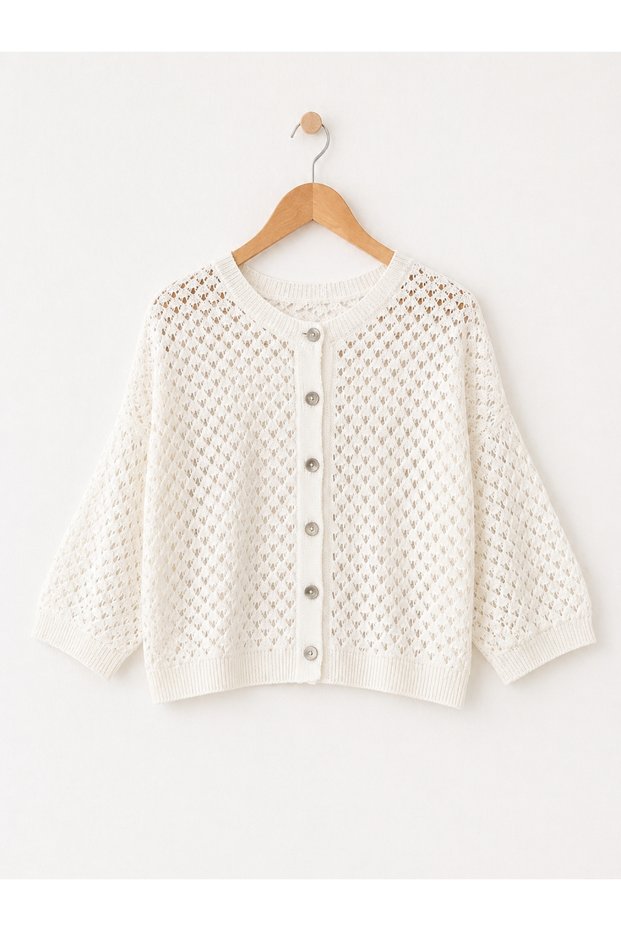 Lou Retro Lace-Like Knit Short Cardigan Women Beige