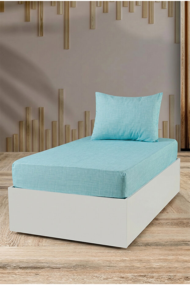 Tekstilla Pink Elastic Fitted Turquoise Color Single Bed Sheet Set with Pillowcase