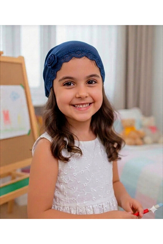 Girl's Dark Blue Triangle Hat E Stretchy V Viscose Fabric D Lace I Triangle Hat with Flower Detail (2-9 Years)