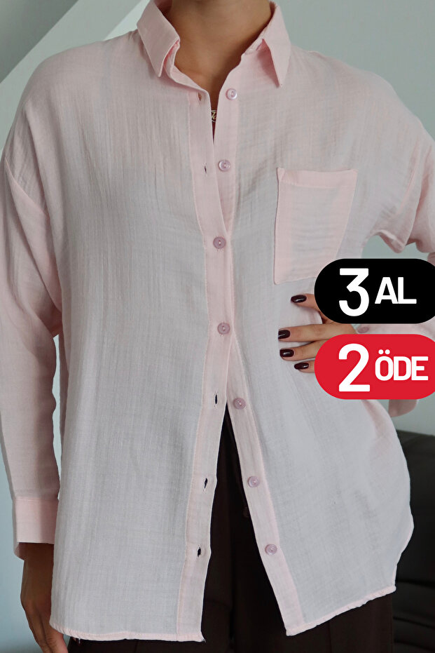 قميص موسلين أساسي كبير الحجم للنساء مع جيوب 3079