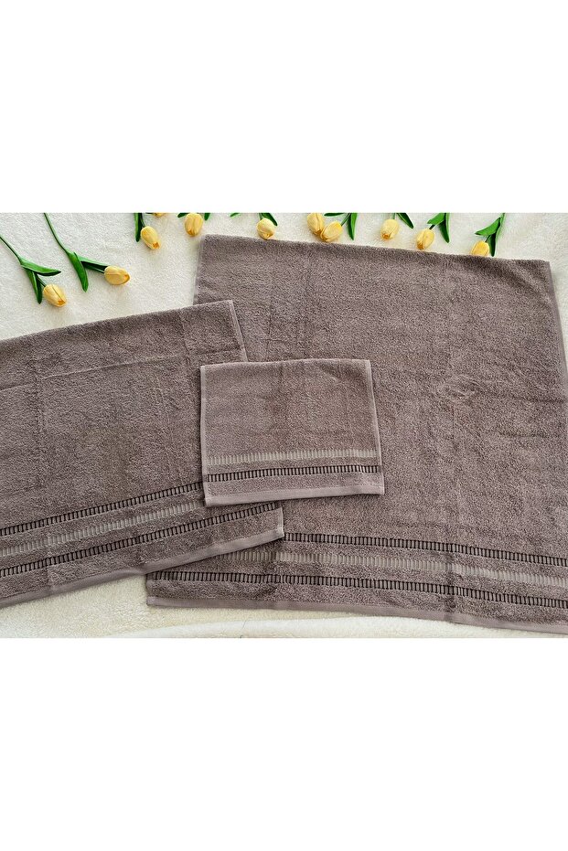 Milky Brown 3-Piece Cotton Towel Set – Bath & Hand & Face Towel Set – Soft Textured Dowry Set - Gift