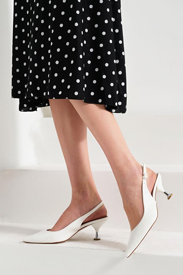 Women's White Round Heeled Pointed Toe Ankle Buckle Open Back Leather Stiletto 7cm Byndbs
