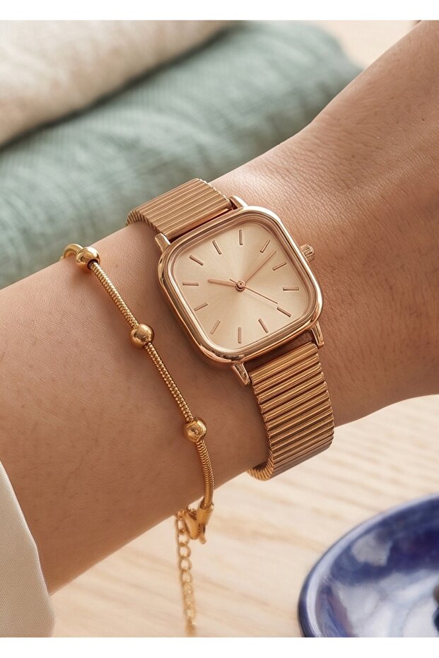 Women's Gold Color Square Stylish Wrist Watch - Adjustable Steel Band