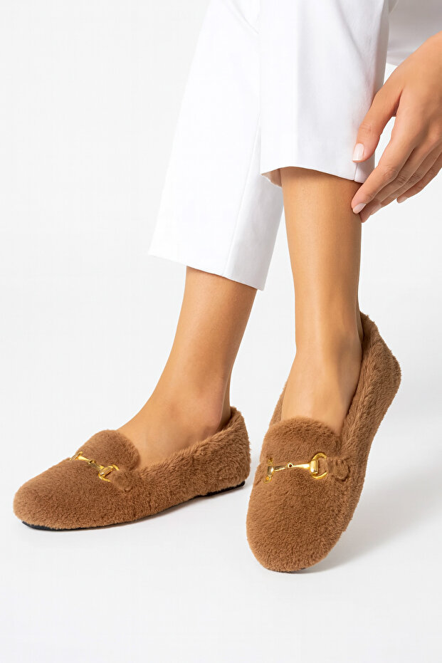Women's Brown Buckle Plush Home Slippers Byndvt03
