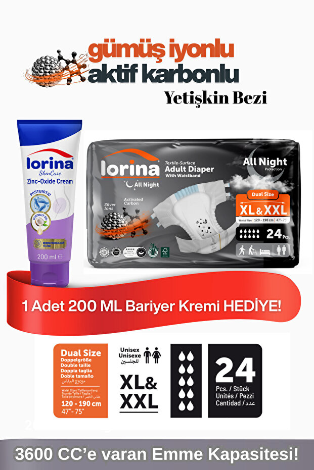 Aktif Karbon&Gümüş iyon destekli Bel Bantlı Hasta Bezi XL-XXL 24’lü - 200 ML Bariyer Kremi Hediyeli - 1