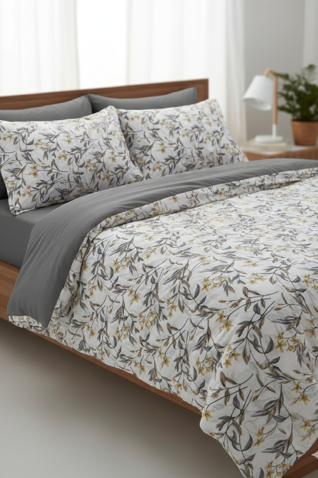 Single Bed Sheet with Elastic Band, Natural Healthy Cotton, Gray Floral Single Duvet Cover Set