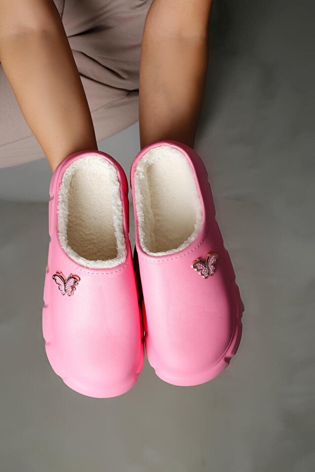 Women's Powder Hera Butterfly Buckle Waterproof House Slippers with Fur Inside 3cm Byndhfay02