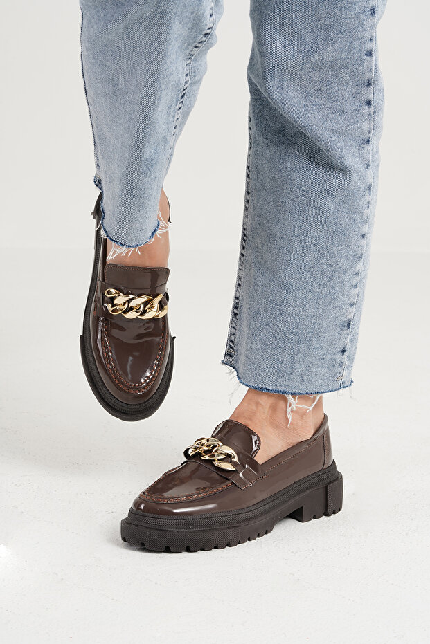 Women's Brown Patent Leather Chain Thick Sole Loafer Moccasin Shoes 4,5cm Byndlfrk02
