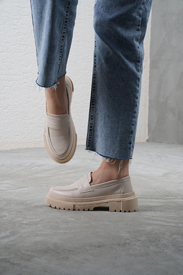 Women's Beige Leather Flat Thick Sole Loafer Moccasin Shoes 4.5cm Byndlfrk03