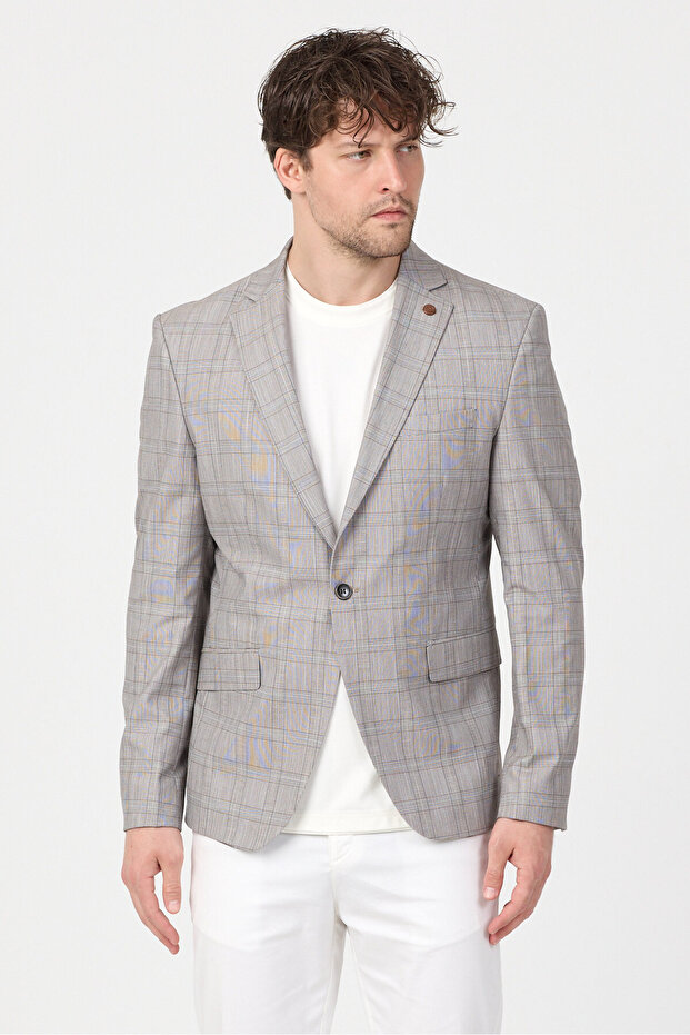 Meriva Men's Mustard Linen Look Spring-Summer Slim Fit Plaid Sports Blazer Jacket