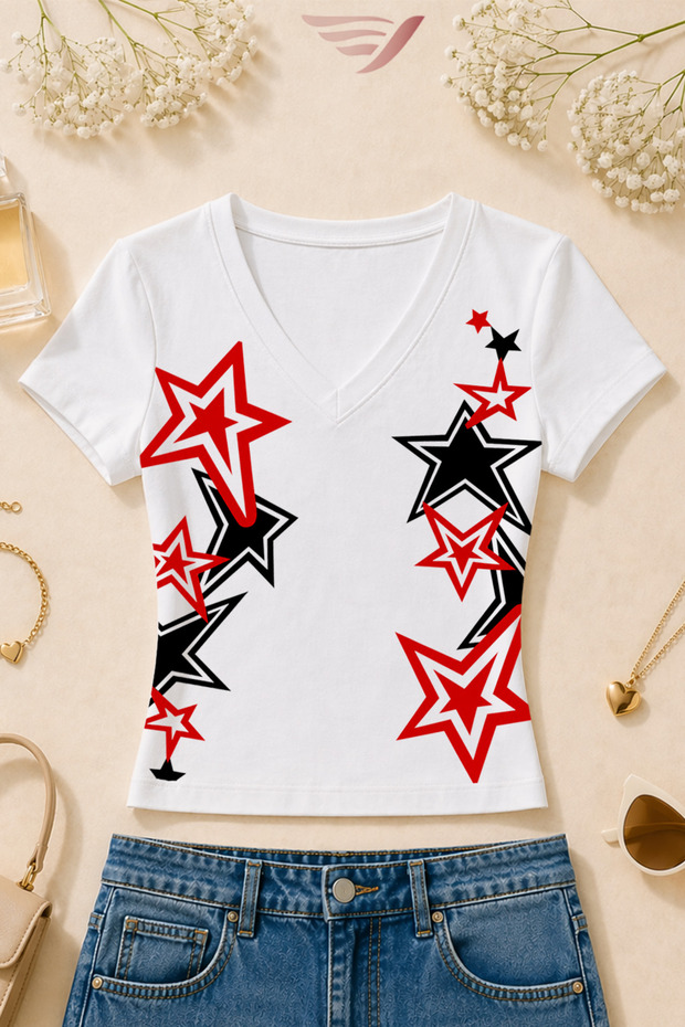 Women's Red Black Star Printed Basic Daily Use V-Neck Slim Fit T-Shirt