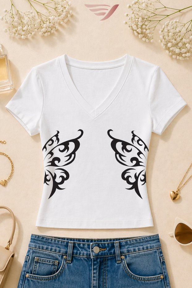 Women's Butterfly Wing Printed Basic Daily Use V-Neck Slim Fit T-Shirt