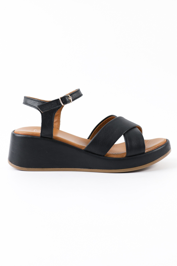 Genuine Leather Black Wedge Heel Women's Sandals - Z262290