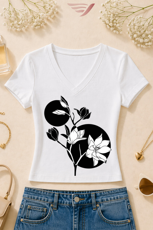 Women's Floral Printed Basic Daily Use V-Neck Slim Fit T-Shirt