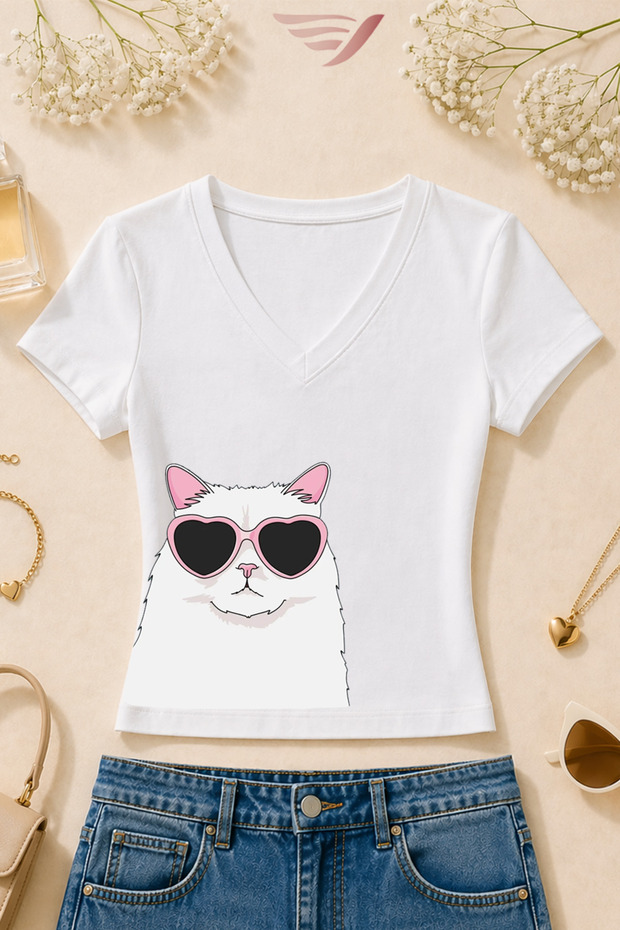 Women's Glasses-Wearing Cat Printed Basic Daily Use V-Neck Slim Fit T-Shirt