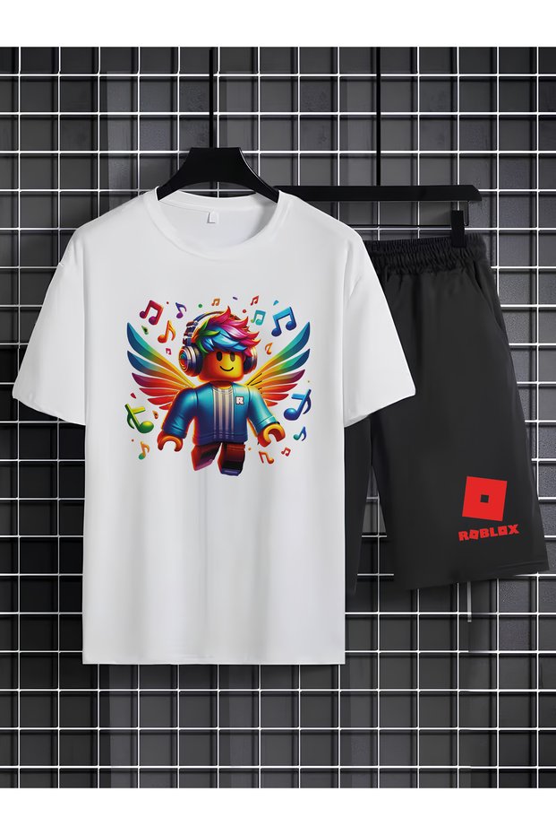 Roblox Printed 100% Cotton Crewneck Children's T-Shirt-Shorts Two-Piece Set