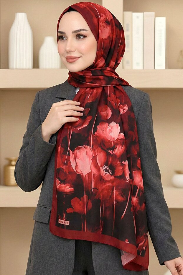 Women's Red Floral Patterned Bamboo Crush Shawl