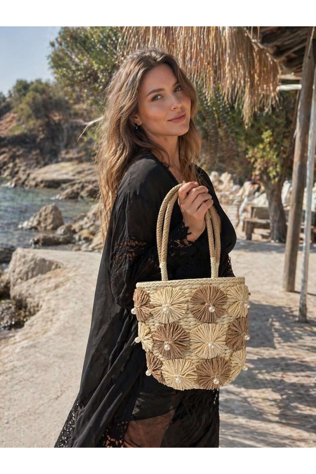Beige Pearl Embroidered Straw Women's Bag – 20X23 cm