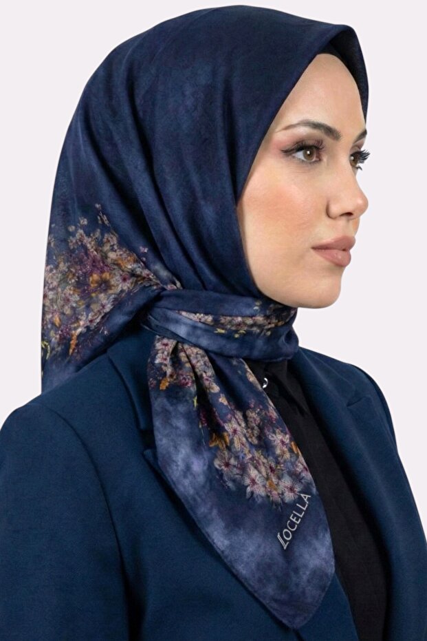 Women's Blue Floral Patterned Organic Cotton Soft Scarf