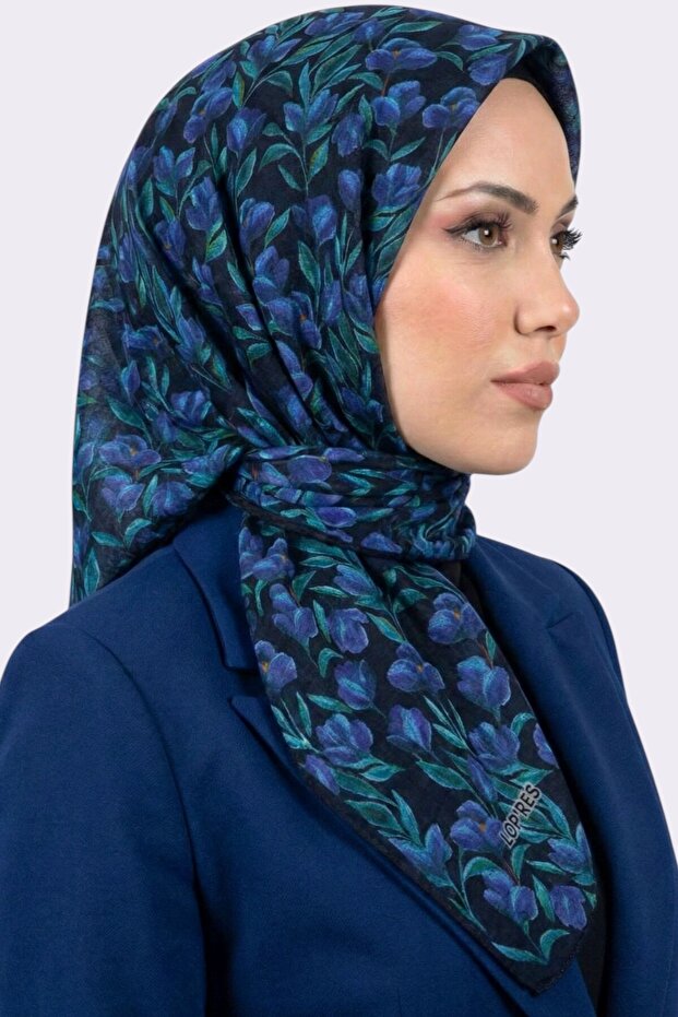 Women's Blue Floral Patterned Organic Cotton Soft Scarf