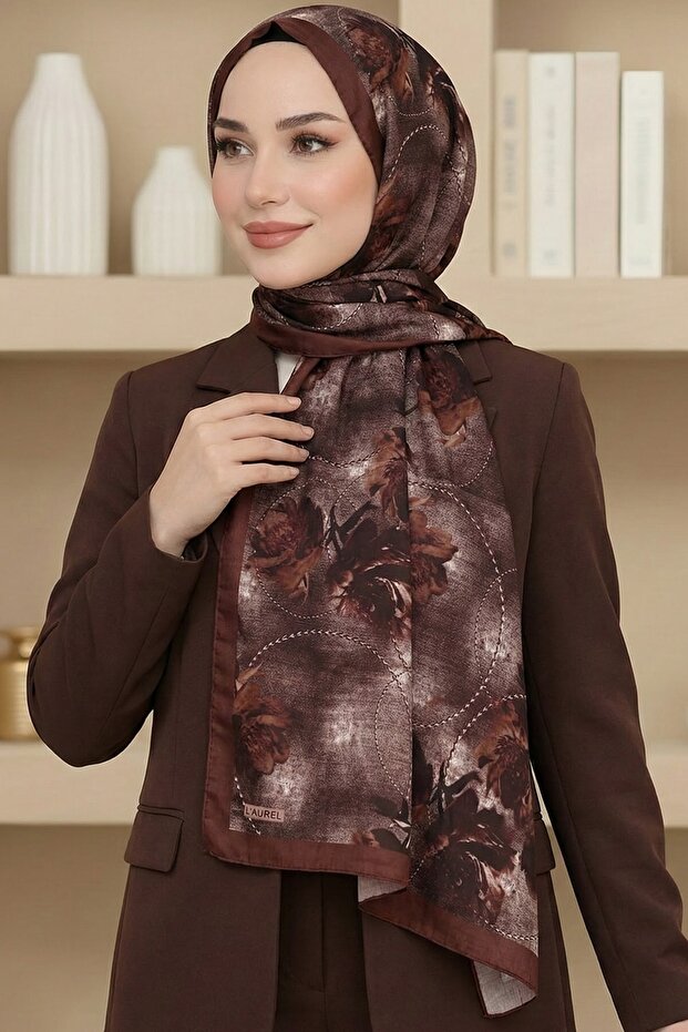 Women's Tan Floral Patterned Bamboo Crush Shawl