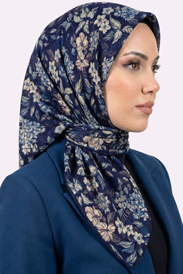 Women's Blue Floral Patterned Organic Cotton Soft Scarf