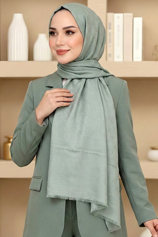 Women's Green g Patterned Jacquard Cotton Shawl