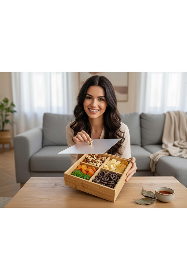 Presentation Tray - Bamboo Snack Tray with Lid, Presentation Tray and Organizer - 4 Compartment Makeup and Jewelry Organizer with Lid