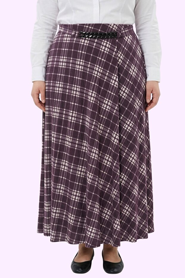 Women's Purple Plaid Patterned Combed Cotton Skirt with Chain Detail