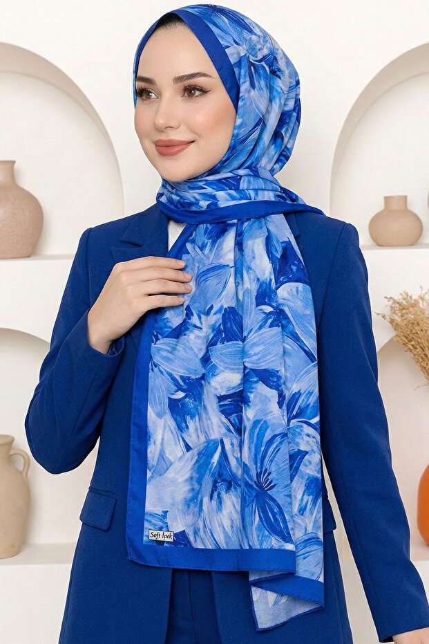 Women's Blue Floral Patterned Soft Shawl
