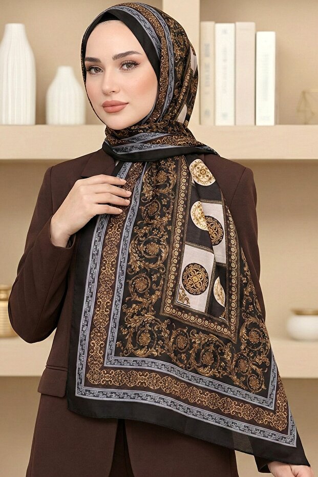 Women's Brown Baroque Patterned Organic Cotton Soft Shawl