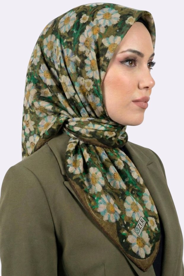 Women's Green Floral Patterned Organic Cotton Soft Scarf