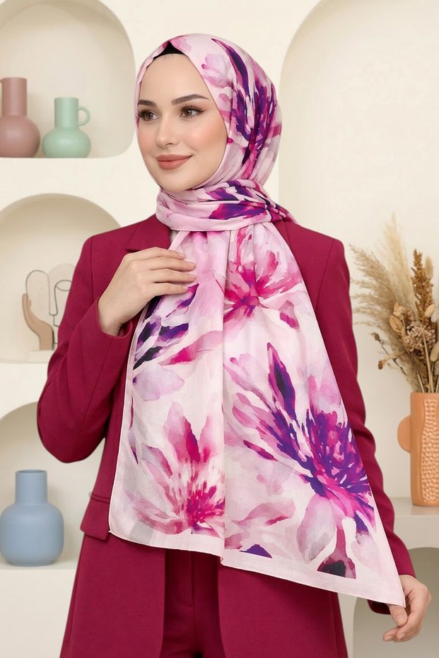 Women's Pink Watercolor Floral Patterned Soft Shawl