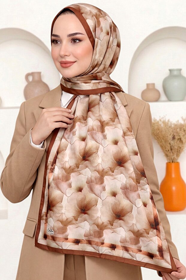 Women's Orange Floral Patterned Organic Cotton Soft Shawl
