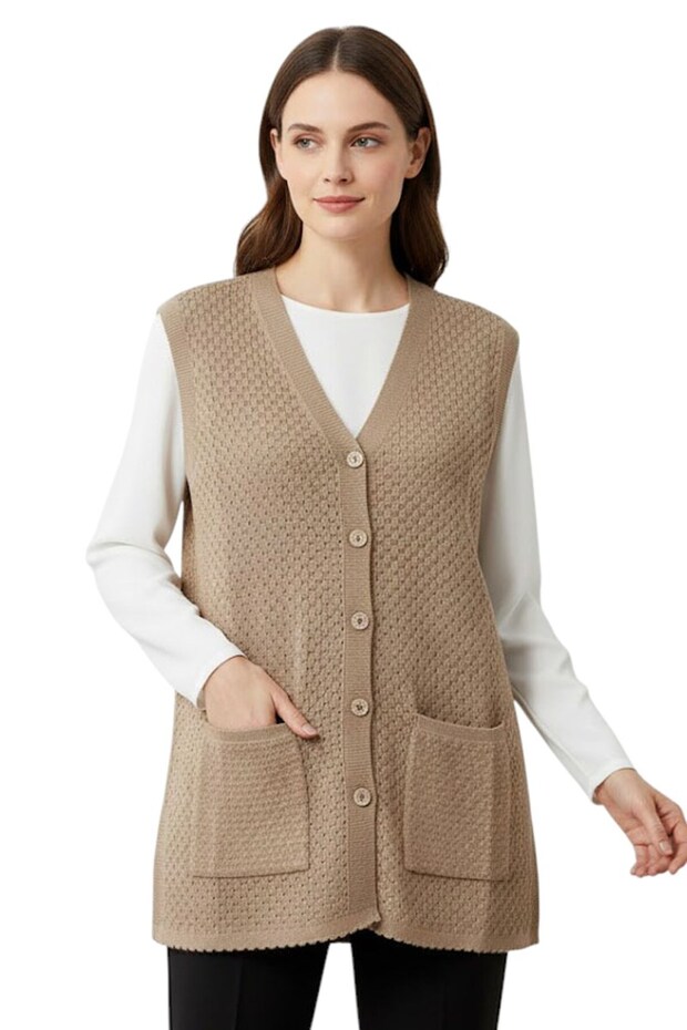 Women's Camel Buttoned Pocketed Knitwear Mother's Vest