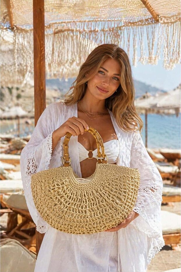 Camel Hand Knitted Wicker Women's Bag with Wooden Handle – 40X20 cm