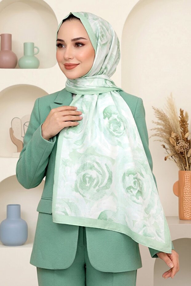 Women's Water Green Rose Patterned Soft Shawl