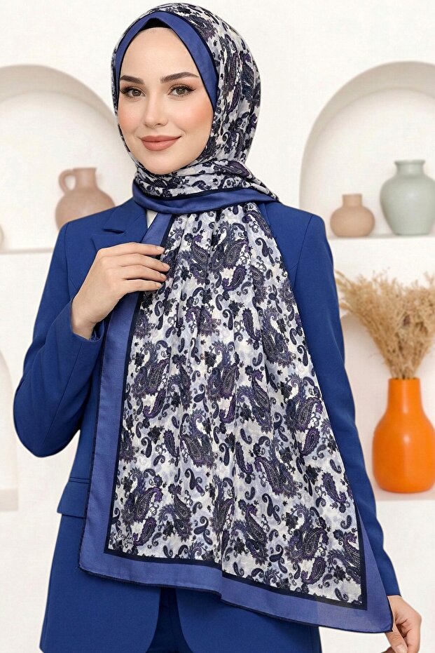 Women's Blue Shawl Patterned Organic Cotton Soft Shawl