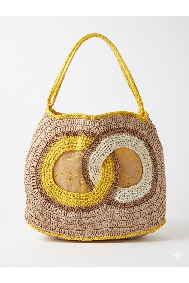 Women's Yellow-Beige Straw Knitted Handmade Beach and Shoulder Bag-Unlined