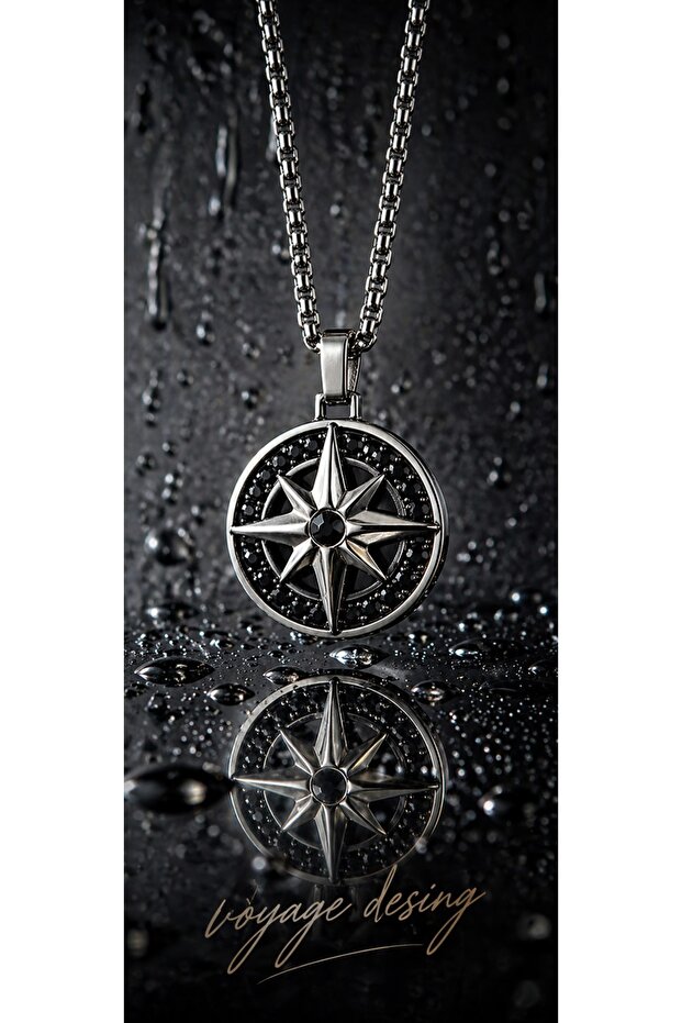 Stainless Steel Black Crystal Stone Detailed North Star Compass Necklace