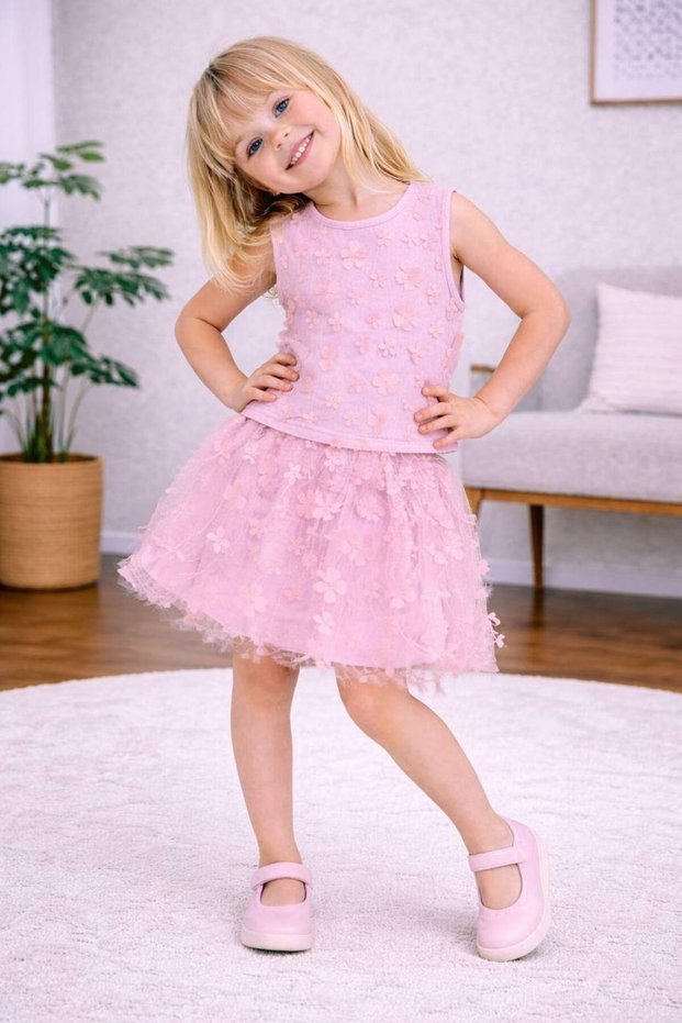 Girl's Floral Appliqué Top, Combed Cotton Bottom Skirt, Inner Lining, Stylish Floral Pink Skirt Set, Holiday Wear