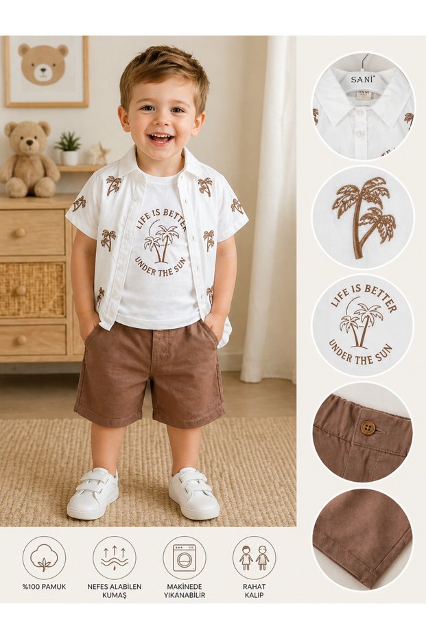 Boy's 3-Piece Set - Short-Sleeved Shirt and T-Shirt, Fabric Shorts Set - Stylish Design for Holidays and Travel, Ages 2-5
