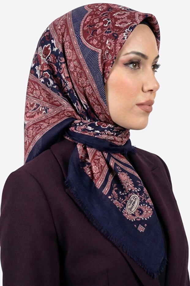 Women's Navy Blue Pink Shawl Patterned Flared Scarf