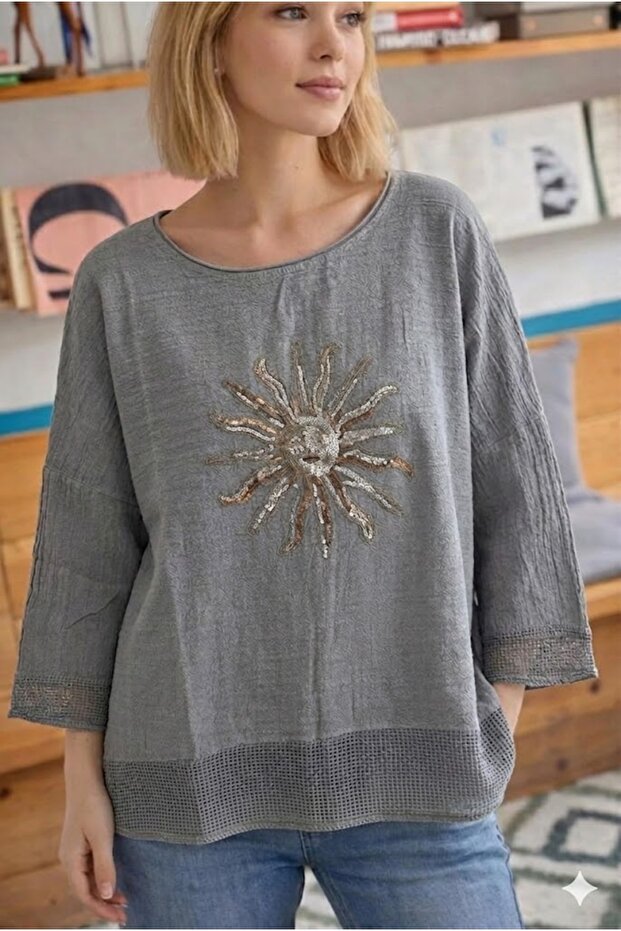 Women's Gray Sun Sequin Embroidered Oversize Loose-Fit 100% Cotton Linen Blouse with Mesh Detail on Hem/Sleeves