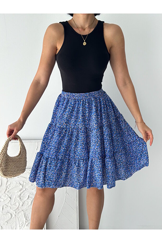 Women's Floral Pattern Wrinkled Fabric Flared Skirt with Elastic Waist