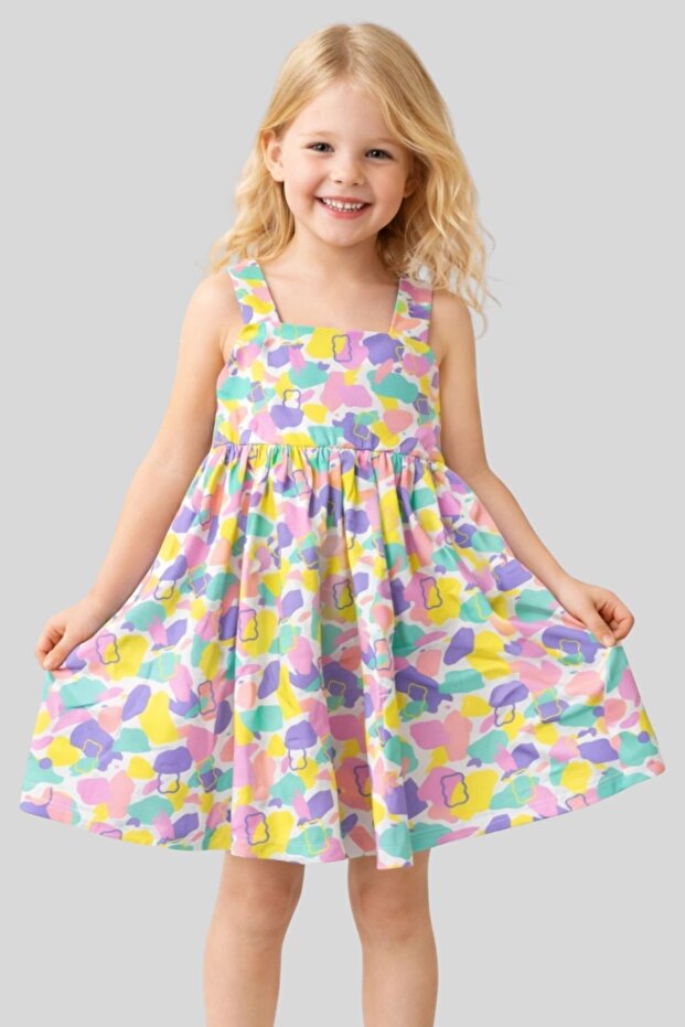 Girl's Colorful Abstract Patterned Strappy Summer Dress