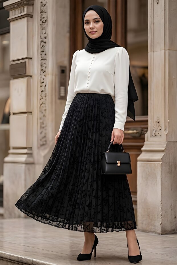 Black Flocked Printed Lined Tulle Skirt